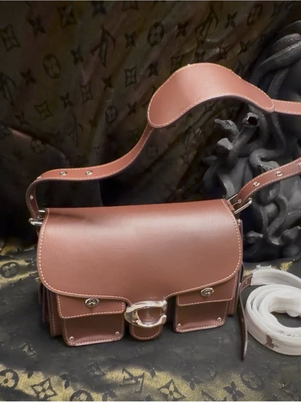 Brown Leather Shoulder Bag with Silver Hardware